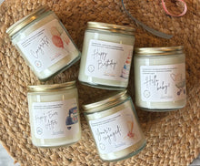 Load image into Gallery viewer, All five Celebration Collection 8oz soy candles including Happily Ever After, Your'e Engaged, Congrats, Hello Baby and Happy Birthday candles made by Bungalow Candle Studio