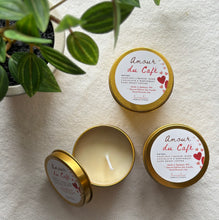 Load image into Gallery viewer, 3 Amour du Cafe scented candles in gold metal tin