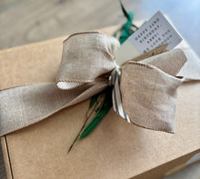 Load image into Gallery viewer, Box wrapped in ribbon for birthday with personalized note.