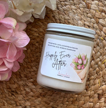 Load image into Gallery viewer, The Happily Ever After Wedding soy wax candle from the Bungalow Celebration Collection   in the 8oz glass jar.