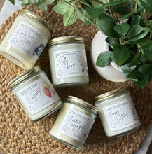 Load image into Gallery viewer, All five Celebration Collection 8oz soy candles including Happily Ever After, Your'e Engaged, Congrats, Hello Baby and Happy Birthday candles made by Bungalow Candle Studio