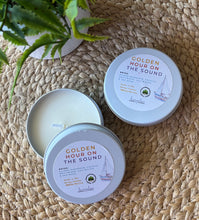 Load image into Gallery viewer, Golden Hour on the Sound Travel Candle in a 2oz white tin Bungalow Seattle Collection