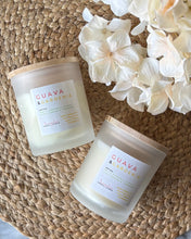 Load image into Gallery viewer, Guava & Gardenia Soy Candle in frosted jar with wood lid in 8oz size made by Bungalow Candle Studio
