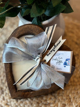 Load image into Gallery viewer, Heart Shaped Dough Bowl Candle made with soy wax, adorned with pretty bow, tag and charm. Wedding Gift themed. Made by Bungalow Candle Studio