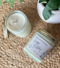 Load image into Gallery viewer, Happy Birthday 8oz soy candle in glass jar with gold lid made by Bungalow Candle Studio