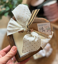 Load image into Gallery viewer, Heart Shaped Dough Bowl Candle made with soy wax, adorned with pretty bow, tag and charm. Welcome New Baby themed. Made by Bungalow Candle Studio