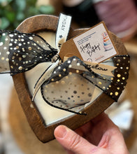 Load image into Gallery viewer, Heart Shaped Dough Bowl Candle made with soy wax, adorned with pretty bow, tag and charm. Happy Birthday themed. Made by Bungalow Candle Studio