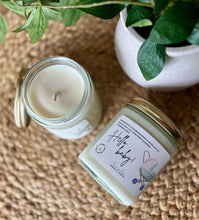 Load image into Gallery viewer, Hello baby new baby 8oz soy candle in glass jar with gold lid made by Bungalow Candle Studio