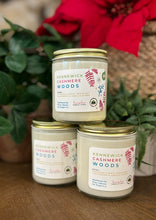 Load image into Gallery viewer, The Kennewick Cashmere Woods scent in a glass jar with gold lid from Bungalow's Winter Candle Collection.