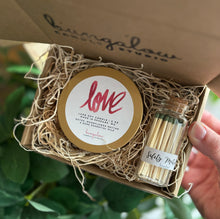 Load image into Gallery viewer, LOVE candle and matches in an apothecary jar in a box as a gift set.