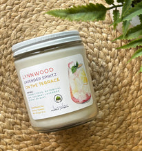 Load image into Gallery viewer, Lynnwood Lavender Spritz on the Terrace soy wax candle in 8oz size clear glass jar with white tin lid - Bungalow Seattle Collection