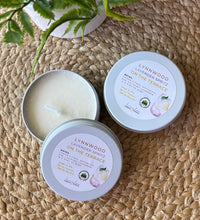 Load image into Gallery viewer, Lynnwood Lavender Spritz on the Terrace Travel Candle in a 2oz white tin  Bungalow Seattle Collection