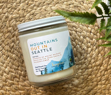 Load image into Gallery viewer, Mountains Out in Seattle soy wax candle in 8oz size clear glass jar with white tin lid - Bungalow Seattle Collection