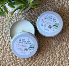 Load image into Gallery viewer, Paddle Escape on Lake Union Travel Candle in a 2oz white tin  Bungalow Seattle Collection