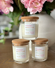Load image into Gallery viewer, 3 Peony and Nectar mini 4 oz candles from the Classic Collection stacked on top of each other.