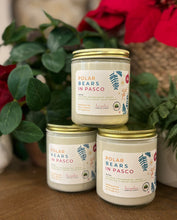 Load image into Gallery viewer, The Polar Bears in Pasco scent in a glass jar with gold lid from Bungalow's Winter Candle Collection.