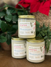 Load image into Gallery viewer, The Richland's Winter Heritage scent in a glass jar with gold lid from Bungalow's Winter Candle Collection.