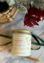 Load image into Gallery viewer, The South Hill Holiday Heritage scent in a glass jar with gold lid from Bungalow's Winter Candle Collection.