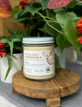 Load image into Gallery viewer, The Spokane Cinnamon and Velvet Vanilla Scent from Bungalow's Fall Collection is shown in the 8 oz glass jar with a white lid.