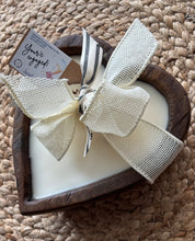Load image into Gallery viewer, Your'e Engaged Heart Shaped Wood Dough Bowl Soy Candle embellished with ribbon and tag made by Bungalow Candle Studio