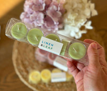 Load image into Gallery viewer, Package of the Linen & Leaf tealights from the Classic Collection made by Bungalow Candle Studio