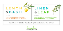 Load image into Gallery viewer, Label showing one of the Duo Gift Set scent options: Lemon & Basil and Linen & Leaf