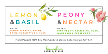 Load image into Gallery viewer, Label showing one of the Duo Gift Set scent options: Lemon & Basil and Peony & Nectar