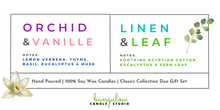 Load image into Gallery viewer, Label showing one of the Duo Gift Set scent options: Orchid & Vanille and Linen & Leaf