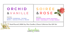 Load image into Gallery viewer, Label showing one of the Duo Gift Set scent options: Orchid & Vanille and Soirée & Rose.