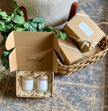 Load image into Gallery viewer, Duo gift boxes stacked togeher and one box open as an example of the Duo Gift Set.
