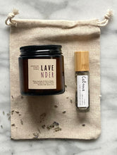 Load image into Gallery viewer, Flatly of the Lavender Kit with mini lavender scented candle and a lavender aromatherapy roller.