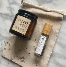 Load image into Gallery viewer, Flatly of the Lavender Kit with mini lavender scented candle and a lavender aromatherapy roller.