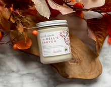 Load image into Gallery viewer, The Autumn in Hell's Canyon candle scent from Bungalow's Fall Collection is shown in the 8 oz glass jar with a white lid.