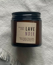 Load image into Gallery viewer, The Lavender candle scent from the Kitchen Collection, shown in mini 4 oz sized amber-colored glass jar.