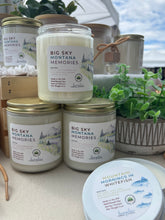 Load image into Gallery viewer, 8oz soy candle with gold lid inspired by Big Sky Montana made by Bungalow Candle Studio
