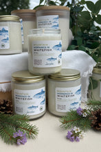Load image into Gallery viewer, 8oz soy candle with gold lid inspired by Whitefish, MT made by Bungalow Candle Studio

