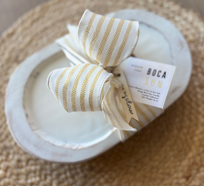 Wood Dough Bowl Candle with a white wash in the Boca Sun scent from the Coastal Collection.