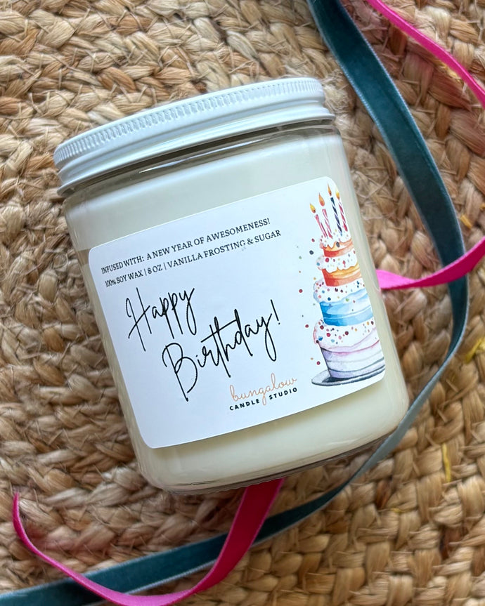 The Happy Birthday soy candle scent from  the Bungalow Celebration Collection in the 8 oz size