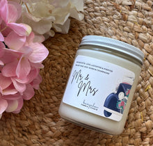 Load image into Gallery viewer, Mr &amp; Mrs Wedding soy wax candle  in the Bungalow Celebration Collection in a 8oz glass jar.

