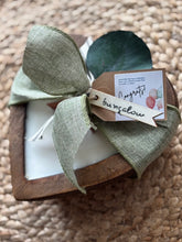 Load image into Gallery viewer, Congrats Heart Shaped Wood Dough Bowl Soy Candle embellished with ribbon and tag made by Bungalow Candle Studio
