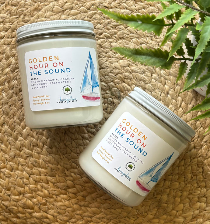 Golden Hour on the Sound soy wax candle in 8oz size clear glass jar with white tin lid - Bungalow Seattle Collection