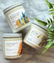 Load image into Gallery viewer, Three Green Bluff candles on a marble surface with a plant.
