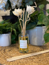 Load image into Gallery viewer, Guava &amp; Gardenia Reed Diffuser with Floral Wood Reeds displayed and made by Bungalow Candle Studio

