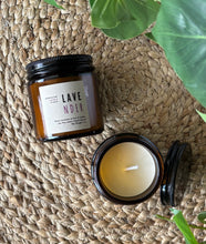 Load image into Gallery viewer, Lavender Soy Candle in amber glass jar with black metal lid in 4oz size by Bungalow Candle Studio

