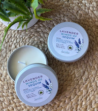 Load image into Gallery viewer, Lavender Winds of Sequim Travel Candle in a 2oz white tin Bungalow Seattle Collection

