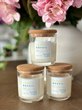 Load image into Gallery viewer, 3 Lemon &amp; Basil mini 4 oz candles from the Classic Collection stacked on top of each other.
