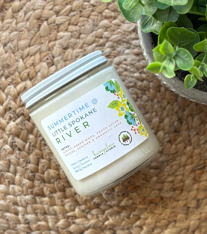 Summertime @ Little Spokane River Candle from Bungalow's Spring and Summer Collection shown in classic glass 8 oz jar.