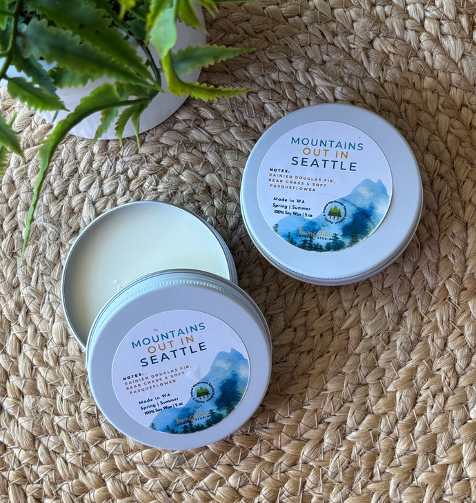 Mountains Out in Seattle Travel Candle in a 2oz white tin Bungalow Seattle Collection