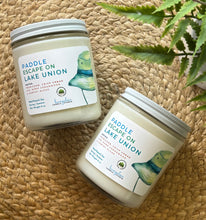 Load image into Gallery viewer, Paddle Escape on Lake Union soy wax candle in 8oz size clear glass jar with white tin lid - Bungalow Seattle Collection
