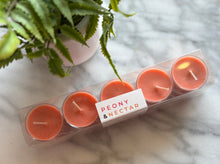 Load image into Gallery viewer, Package of Peony &amp; Nectar scented tealights, placed on a marble surface with a plant in the background.
